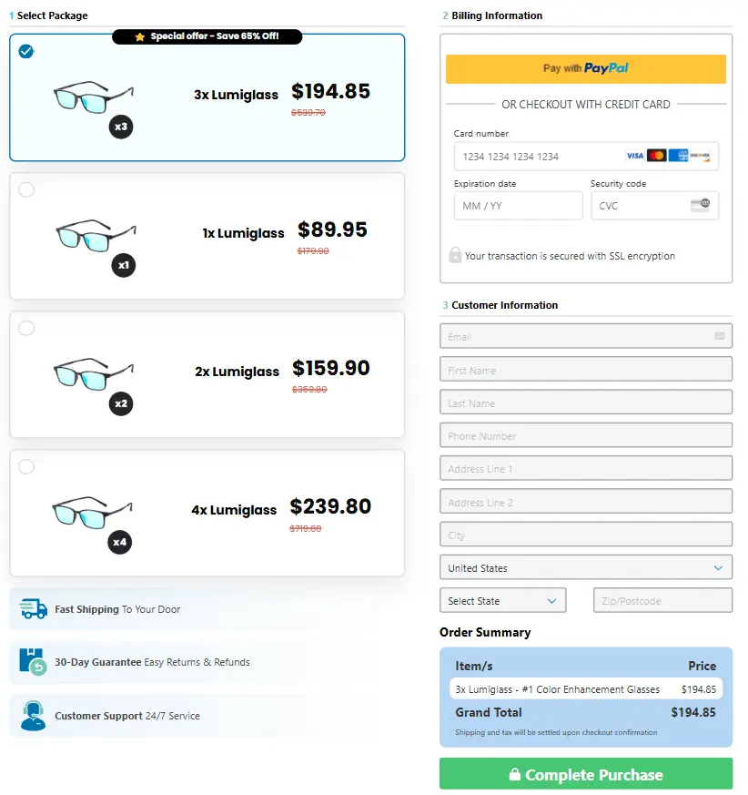 Lumiglass Checkout Page